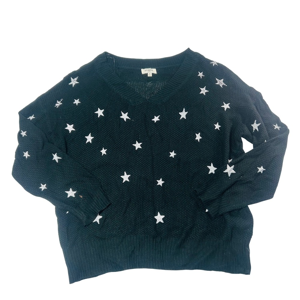Umgee USA Black Silver Glitter Star V-Neck Knit Sweater Womens Size M A6082